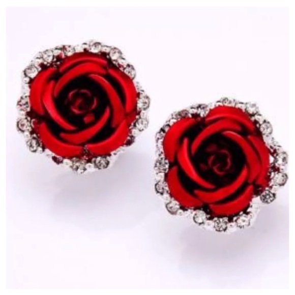 Sculpted Rose & Crystal Earrings - Picture 4 of 6